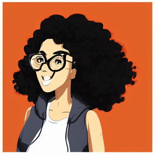 Prompt: a very beautiful curvy!!! girl with dark complexion, long, curly, afro hair, stylistic oval black eyes, half - frame square glasses, grey hoodie opened, white tank top, white gloves, denim jeans, character art, cute, digital art, cartoon network, cel shaded, character art