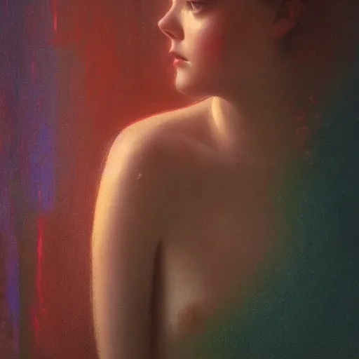 Image similar to silhouette of a Elle Fanning gazing out at the stormy ocean, extremely detailed masterpiece, oil on canvas, Blade Runner 2049, low-key neon lighting, artstation, by J. C. Leyendecker and Peter Paul Rubens,