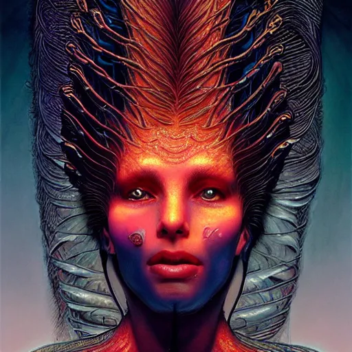 Prompt: A stunning portrait of a goddess, her body made of flames, by Wayne Barlowe and Jim Burns, 8K UHD, intricate, fantasy, Trending on artstation.