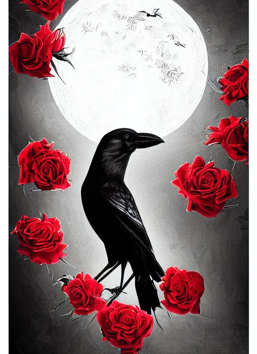 Image similar to portrait, A crow with red eyes in front of the full big moon, book cover, red roses, red white black colors, establishing shot, extremly high detail, foto realistic, cinematic lighting, pen and ink, intricate line drawings, by Yoshitaka Amano, Ruan Jia, Kentaro Miura, Artgerm, post processed, concept art, artstation, matte painting, style by eddie mendoza, raphael lacoste, alex ross