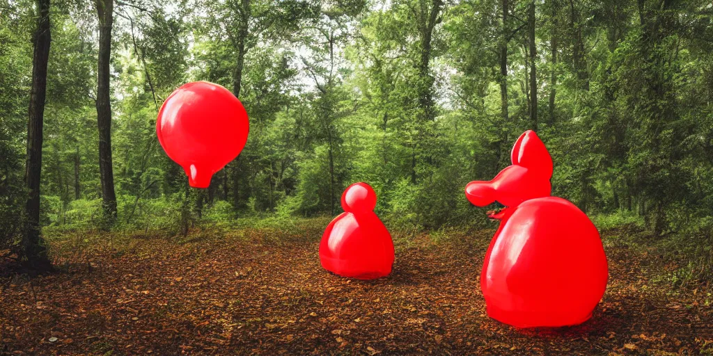 Prompt: an inflatable koons balloon dog made of clear red plastic sheeting. the koons balloon dog sits at the edge of a forest. ultra wide shot, octane render, 8 k, photorealistic