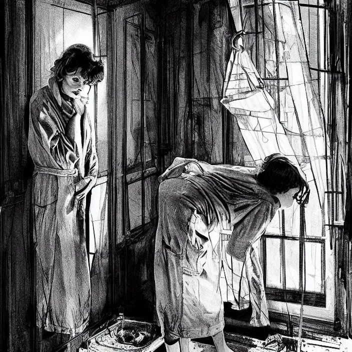 Prompt: inside a very dark scary dingy 1 9 6 0 s house | susan - sarandon - in - an - old - bathrobe yells at sadie - sink - in - dirty - workmen - clothes. technique : black and white pencil and ink. by gabriel hardman, joe alves, chris bonura. cinematic atmosphere, detailed and intricate, perfect anatomy