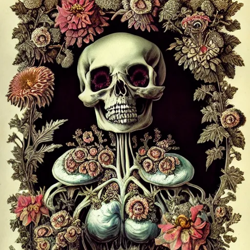 Image similar to a beautiful detailed front view rococo portrait of a rotten woman corpse becoming almost a skull with fractal plants and fractal flowers and mushrooms growing around, intricate, ornate, volumetric light, beautiful lit, beetlejuice
