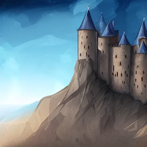 Prompt: A digital concept art painting of a dark blue medieval european castle in desert