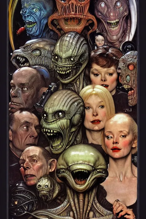 Image similar to hyper realistic aliens by norman rockwell, hr giger, john sargent, mucha