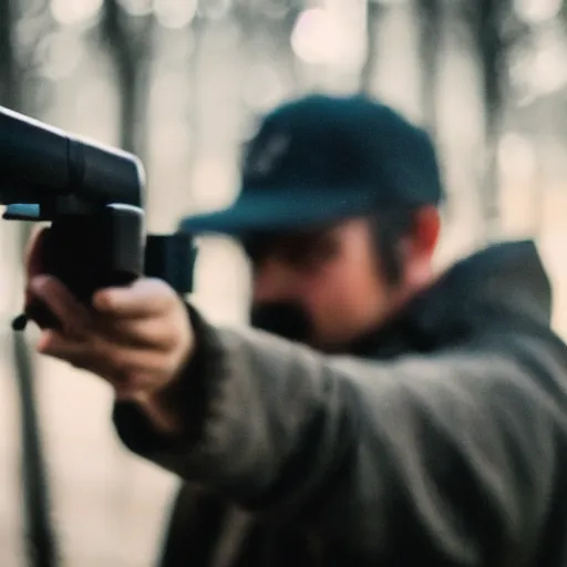 Image similar to An atmospheric close up photo of A man sticking a gun in the camera, bokeh, hard grain film, masterpiece