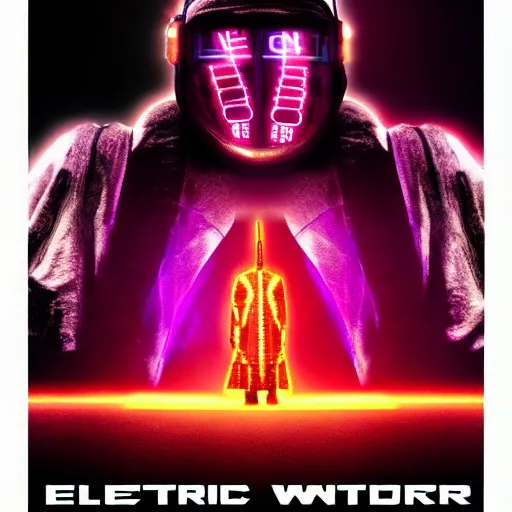 Image similar to electric warrior monks, robed, cyberpunk cathedral, special effects, neon, cyberpunk, realistic, cinematic style, visually stunning, 35mm, film post process