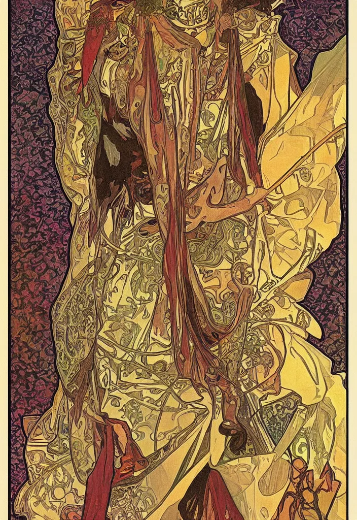 Image similar to Jürgen Schmidhuber as the Devil on a tarot card, tarot major arcana in art style by Alphonse Mucha