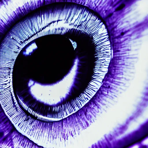 Prompt: close-up photo of the iris of an eye, hues of blue and purple, abstract lines