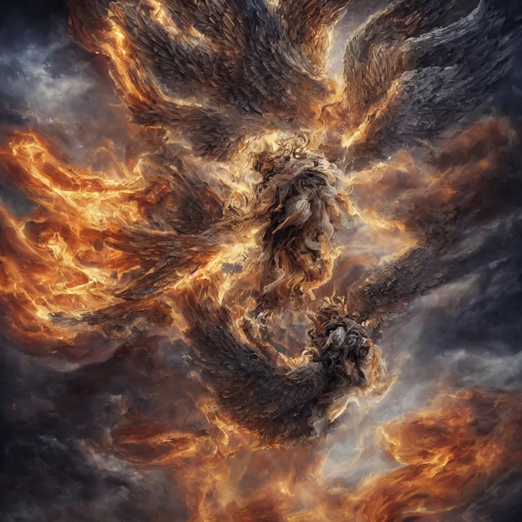 Prompt: oil painting of a wrathful archangel Michael with fluffy blond curls of hair and piercing eyes, with scintillating holy radiance and luminous eyes, against a hellish flaming battlefield and a lot of smoke, darkart, hyperdetailed, hyperealistic, cinematography, 16k, 3D, Artstation, Deviantart, very beautiful