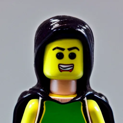 Image similar to lego sculpture of a woman astronaut with green streaks in her hair, thoughtful, elegant, real