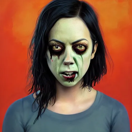 Prompt: color head portrait of aubrey plaza as a really cute zombie, 7 days to die zombie, gritty background, fine art, award winning, intricate, elegant, sharp focus, cinematic lighting, digital painting, 8 k concept art, art by michael hussar, art by brom, art by guweiz and z. w. gu, 8 k