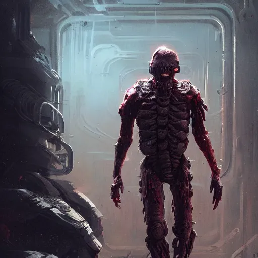 Image similar to scifi art by Greg Rutkowski, a person infected with a kind of reddish silt that is sprouting from all over his body, violent and vicious appearance, dressed in a futuristic space suit, claustrophobic science fiction setting inside a desolate space colony, detailed and intricate environment, high technology, digital painting, artstation, concept art, smooth, sharp foccus ilustration, Artstation HQ.