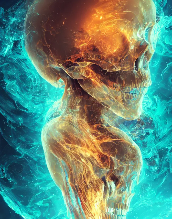 Prompt: human skull jellyfish butterfly phoenix head. burning water. intricate artwork by Tooth Wu and wlop and beeple and dan mumford and greg rutkowski. octane render, cinematic, hyper realism, octane render, 8k, depth of field, bokeh. iridescent accents