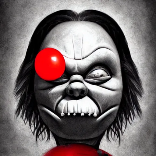 Prompt: surrealism grunge cartoon portrait sketch of darth vader with a wide smile and a red balloon by - michael karcz, loony toons style, chucky style, horror theme, detailed, elegant, intricate