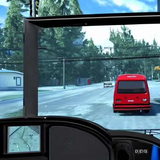 Image similar to niko bellic driving a bus in 4 k