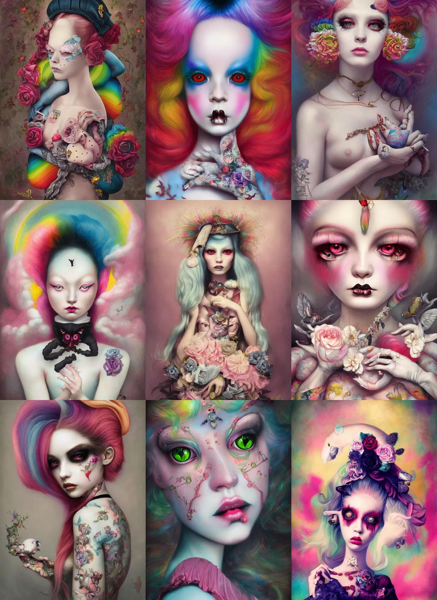 Prompt: pop surrealism, lowbrow art, realistic rainbow haute couture painting, japanese street fashion, hyper realism, muted colours, rococo, natalie shau, loreta lux, tom bagshaw, mark ryden, trevor brown style,