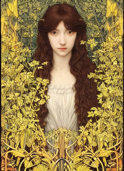 Image similar to masterpiece beautiful seductive flowing curves preraphaelite face portrait photography, extreme close up shot, straight bangs, thick set features, yellow ochre ornate medieval dress, miho hirano, amongst foliage mushroom forest circle arch, william morris and kilian eng and mucha, framed, 4 k
