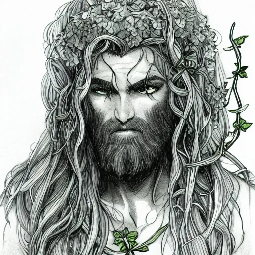 Image similar to male firbolg druid with vines for hair fantasy detailed drawing