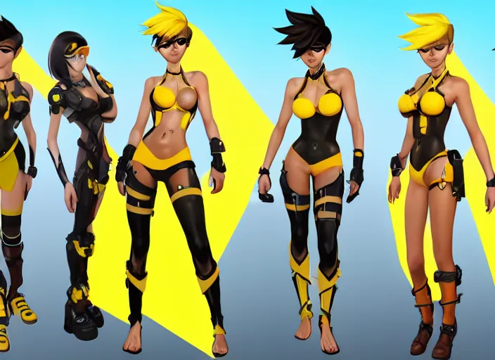 Prompt: tracer game character, in yellow bikini thong yellow, blonde hair, black eyes, full height