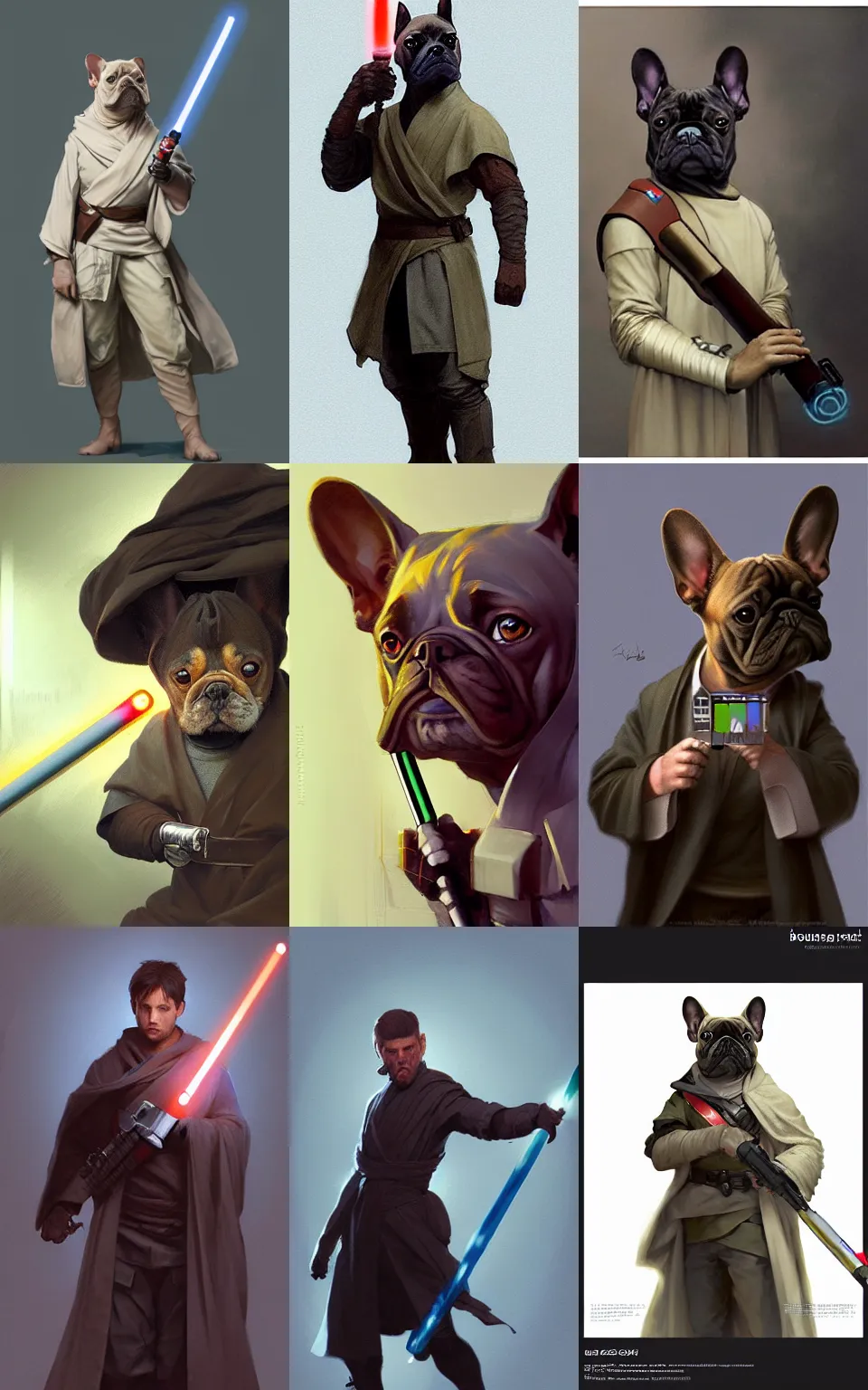 Prompt: character concept portrait, jedi french bulldog holding a light saber digital painting, concept art, smooth, sharp focus, illustration, from metal gear, by ruan jia and mandy jurgens and william - adolphe bouguereau, artgerm