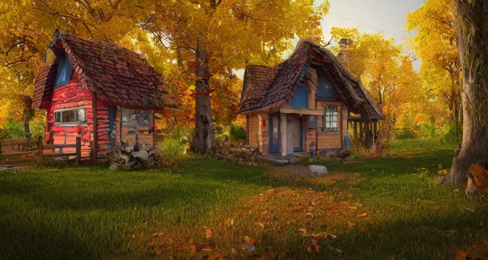 Image similar to colorful cottage in the middle of the woods, windy autumn day, peaceful environment, adventurous architecture, wooden fence, 3d render, unreal engine, trending on artstation, cgnation, by senior 3D artist
