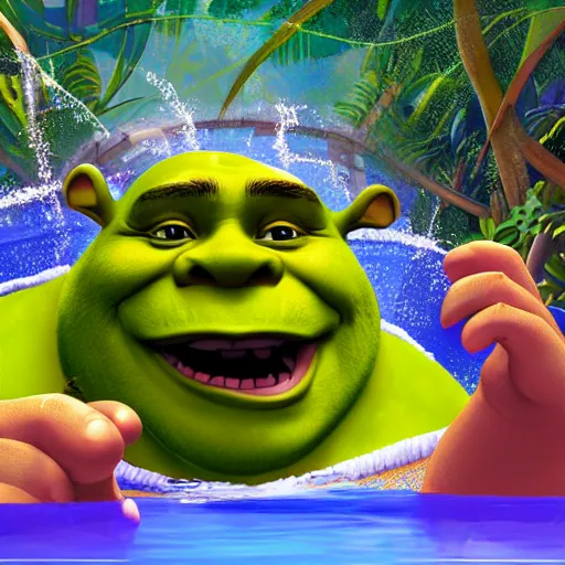 Image similar to shrek taking a selfie in a swimming pool in the middle of the jungle, highly detailed, digital painting, artstation, concept art