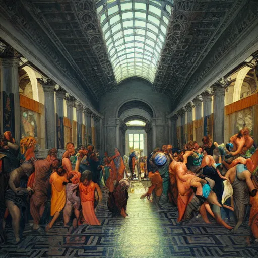 Image similar to cyberpunk the school of athens, iconic paiting, concept art, art, hyper detailed, intricate, 8 k, illustration