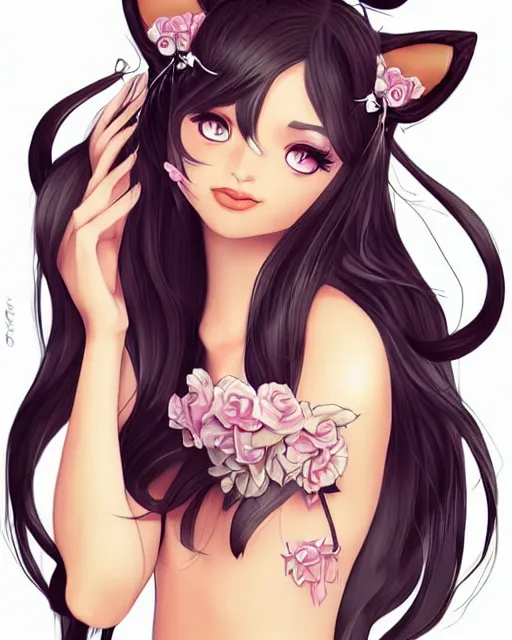 Prompt: catgirl goddess girl with cat ears. Full body portrait, smooth skin, symmetrical face, beautiful body, in the style of Rossdraws, modeling, realistic details