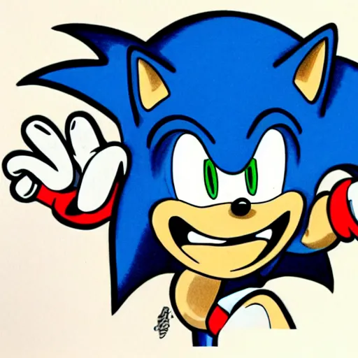 Image similar to Colored ink drawing of Sonic the Hedghehog, by Robert Crumb, highly detailed, centered, Artstation, concept art