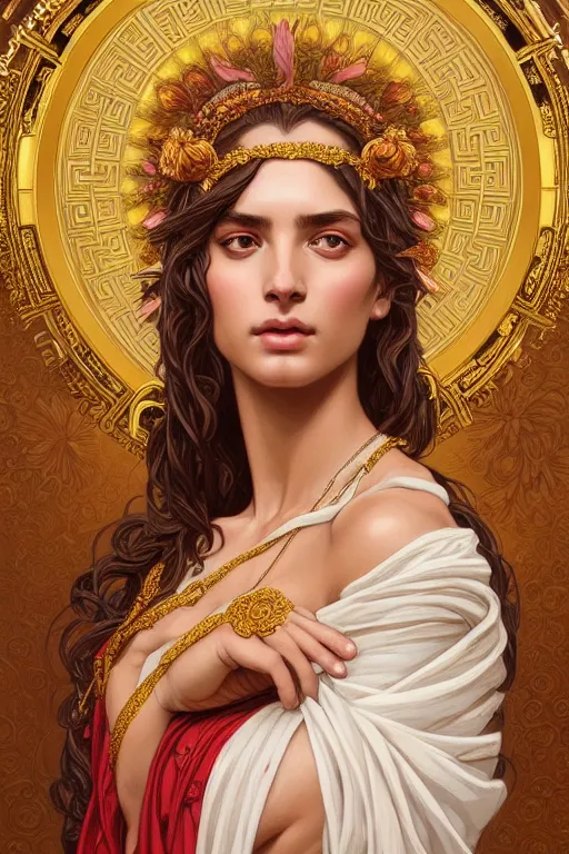 Prompt: portrait of beautiful greek goddess, wearing an ornate toga with intricate floral patterns, by terry o'neill intricate, elegant, highly detailed, digital painting, glistening skin, artstation, concept art, smooth, sharp focus, bold lighting, illustration, art by artgerm and greg rutkowski and alphonse mucha, 8 k