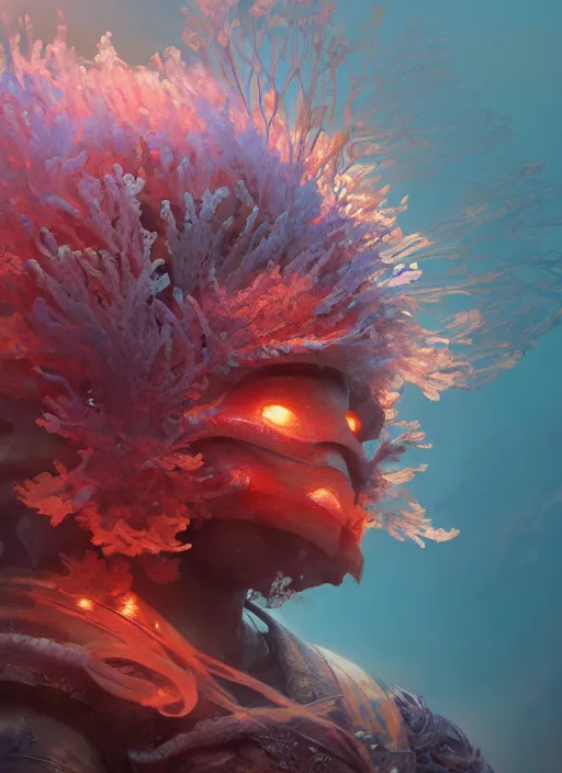 Image similar to Helmet of a forgotten Deity, corals, plume made of seaweed, glowing fish, extremly detailed digital painting, in the style of Fenghua Zhong and Ruan Jia and jeremy lipking and Peter Mohrbacher, mystical colors, rim light, beautiful lighting, 8k, stunning scene, raytracing, octane, trending on artstation