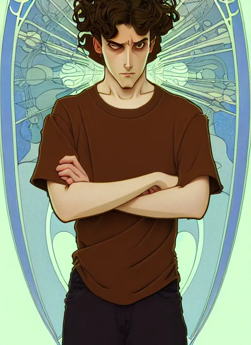 Image similar to art nouveau portrait of a young man with curly light brown hair, brown eyes, serious facial expression, gloomy mood, angry, t - shirt, natural lighting, path traced, highly detailed, high quality, cartoon, digital painting, by don bluth and ross tran and studio ghibli and alphonse mucha