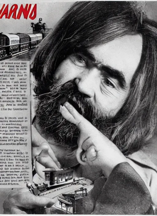 Image similar to vintage model train magazine advertisement depicting charles manson slipping on a banana peel