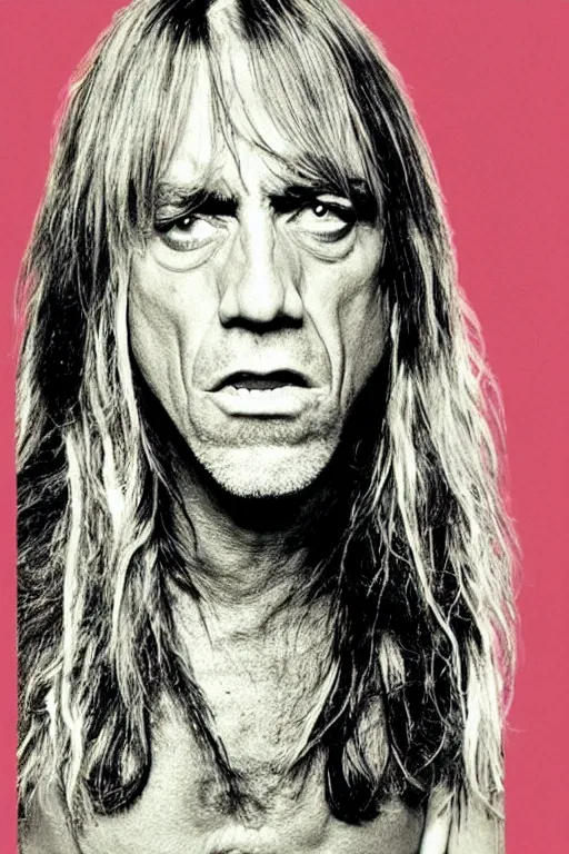 Prompt: a glass bottle with iggy pop's face on the label