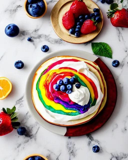 Prompt: realistic photo of delicious rainbow pancakes with fruits, whipped cream, white kitchen table, cloth, marble, highly detailed, by louise lister, sara ali, mary devinat, kailee mandel, sharp focus!!, masterpiece, award winning, elegant, instagram, high quality food photography