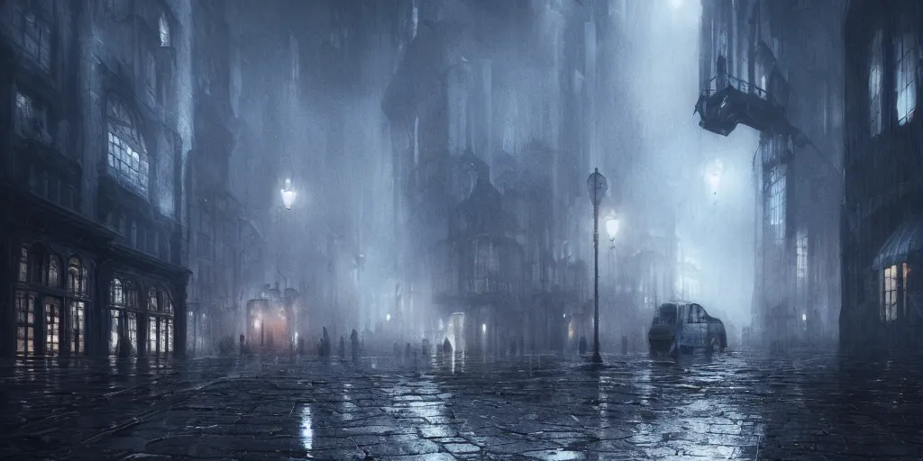 Image similar to A hauntingly beautiful city in a dark cavern, rainy and gloomy atmosphere, fantasy digital art, octane render, beautiful composition, trending on artstation, award-winning photograph, masterpiece