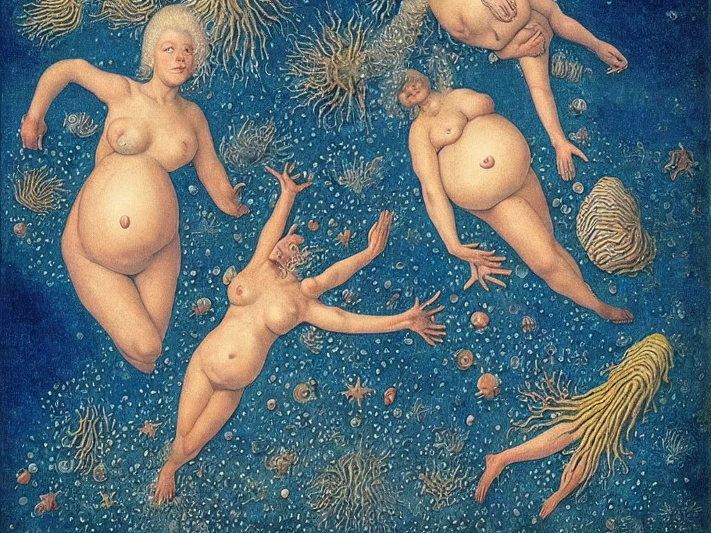 Image similar to Pregnant albino woman at the bottom of the ocean. Starfish, urchins, copepods, sea weed, rust, glowing eyes, phosphorescent cuttlefish. Painting by Lucas Cranach, Rene Magritte, Jean Delville, Max Ernst, Maria Sybilla Merian