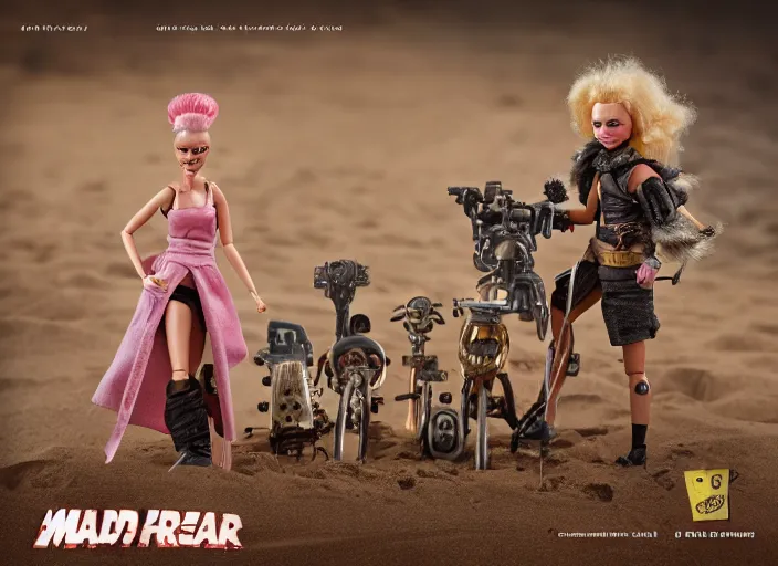 Prompt: mad max fury road barbie play set, children's toy advertisement, studio photography, close - up