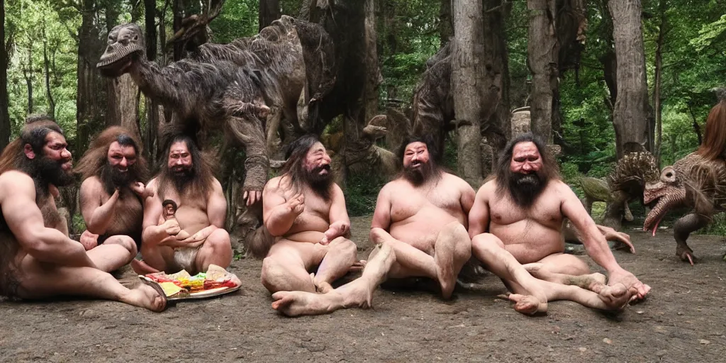 Prompt: photo, three hairy neanderthal people, sumo japanese, emma!! watson!! sitting among them, eating outside, surrounded by dinosaurs!, gigantic forest trees, sitting on rocks, bright moon, birthday cake on the ground, front view