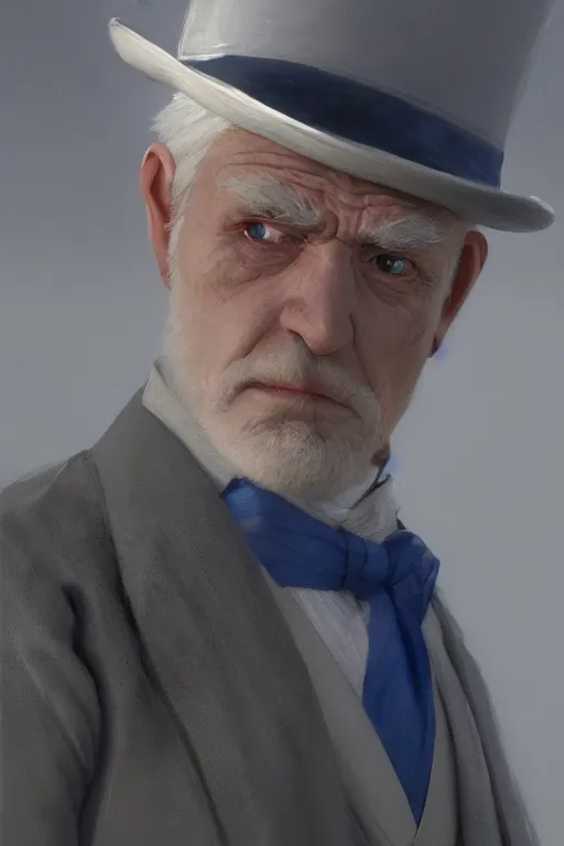 Prompt: A fancy close up of a white haired old halfling with blue eyes wearing a suit and top hat by Greg Rutkowski, Sung Choi, Mitchell Mohrhauser, Maciej Kuciara, Johnson Ting, Maxim Verehin, Peter Konig, 8k photorealistic, cinematic lighting, HD, high details, dramatic, trending on artstation