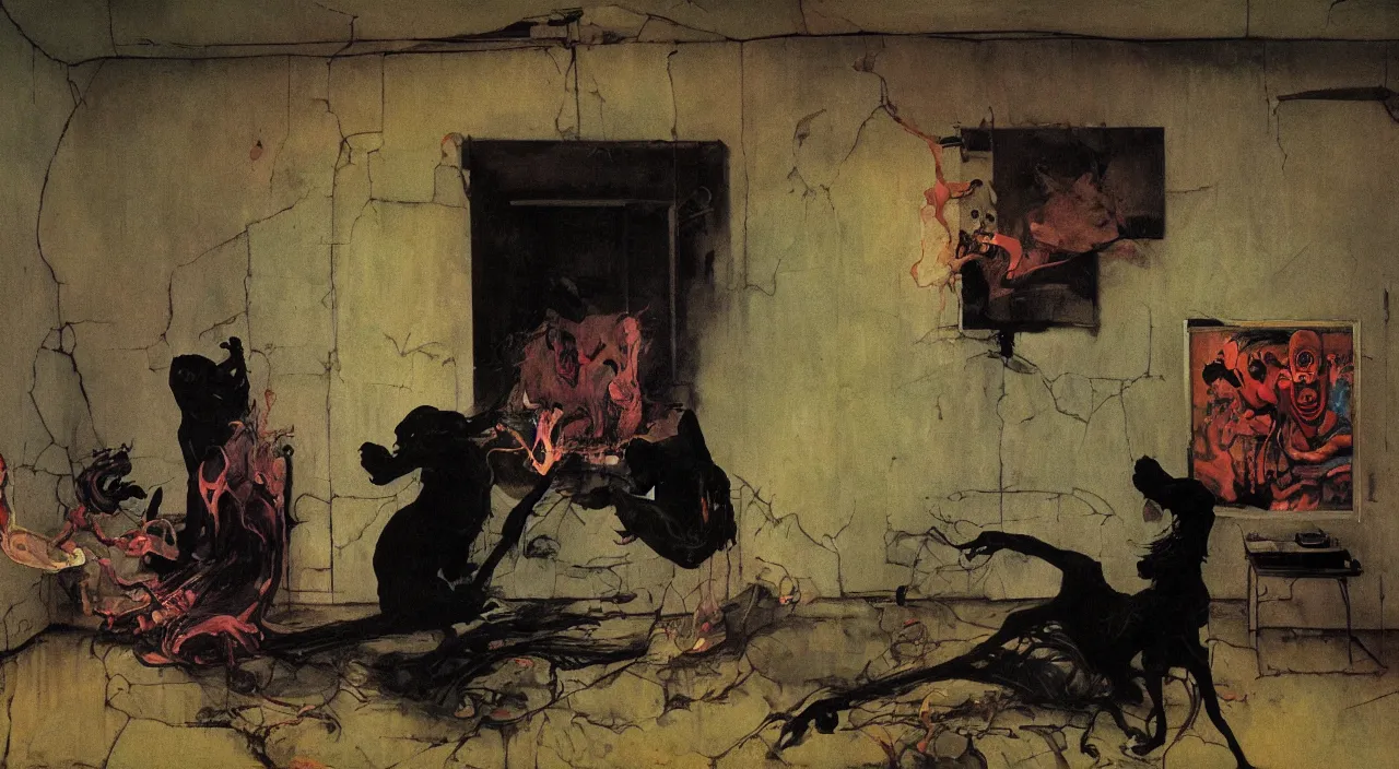 Image similar to two dark figures laughing and a black dog inside a decayed contemporary living room with large oxygen tank in the style of Francis Bacon and Zdzislaw Beksinski, Edward Hopper and Norman Rockwell, highly detailed, very coherent, triadic color scheme