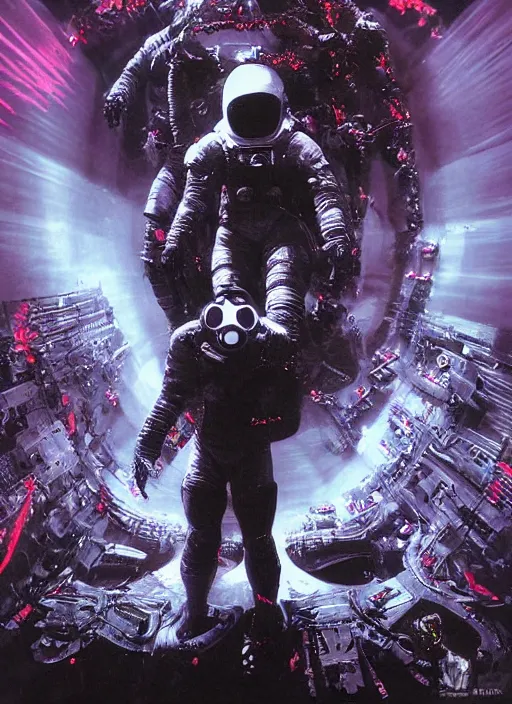 Prompt: astronauts in dark void underwater - complex and hyperdetailed suit. reflection and dispersion materials. rays and dispersion of light. glowing lights. volumetric light. f / 3 2. noise film photo. flash photography. ultra realistic, wide angle. poster by wayne barlowe, hajime sorayama aaron horkey, craig mullins