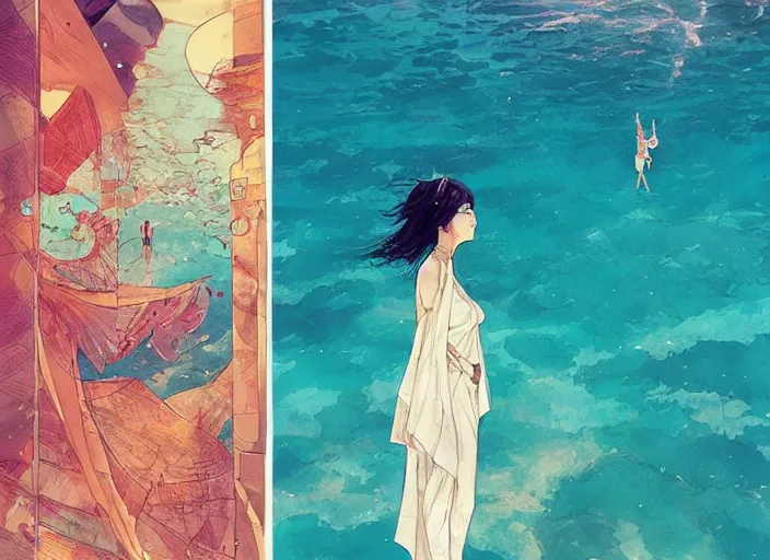 Image similar to lee jin - eun in luxurious dress emerging from turquoise water in egyptian pyramid city during an eclipse by conrad roset, m. k. kaluta, martine johanna, rule of thirds, elegant look, beautiful, chic