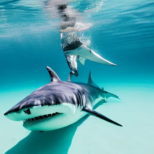 Image similar to elderly man swimming with a great white shark, smiling, happy, underwater, shark, great white, crystal clear water, adventure, canon eos r 3, f / 1. 4, iso 2 0 0, 1 / 1 6 0 s, 8 k, raw, unedited, symmetrical balance, wide angle