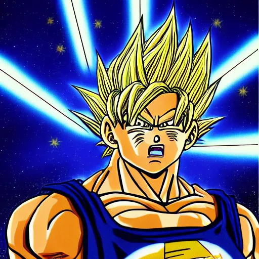 Prompt: portrait of Bernie Sanders from dragon ball z with glowing golden aura flying over a desert field, super saiyan 3, yellow spiky hair, digital art