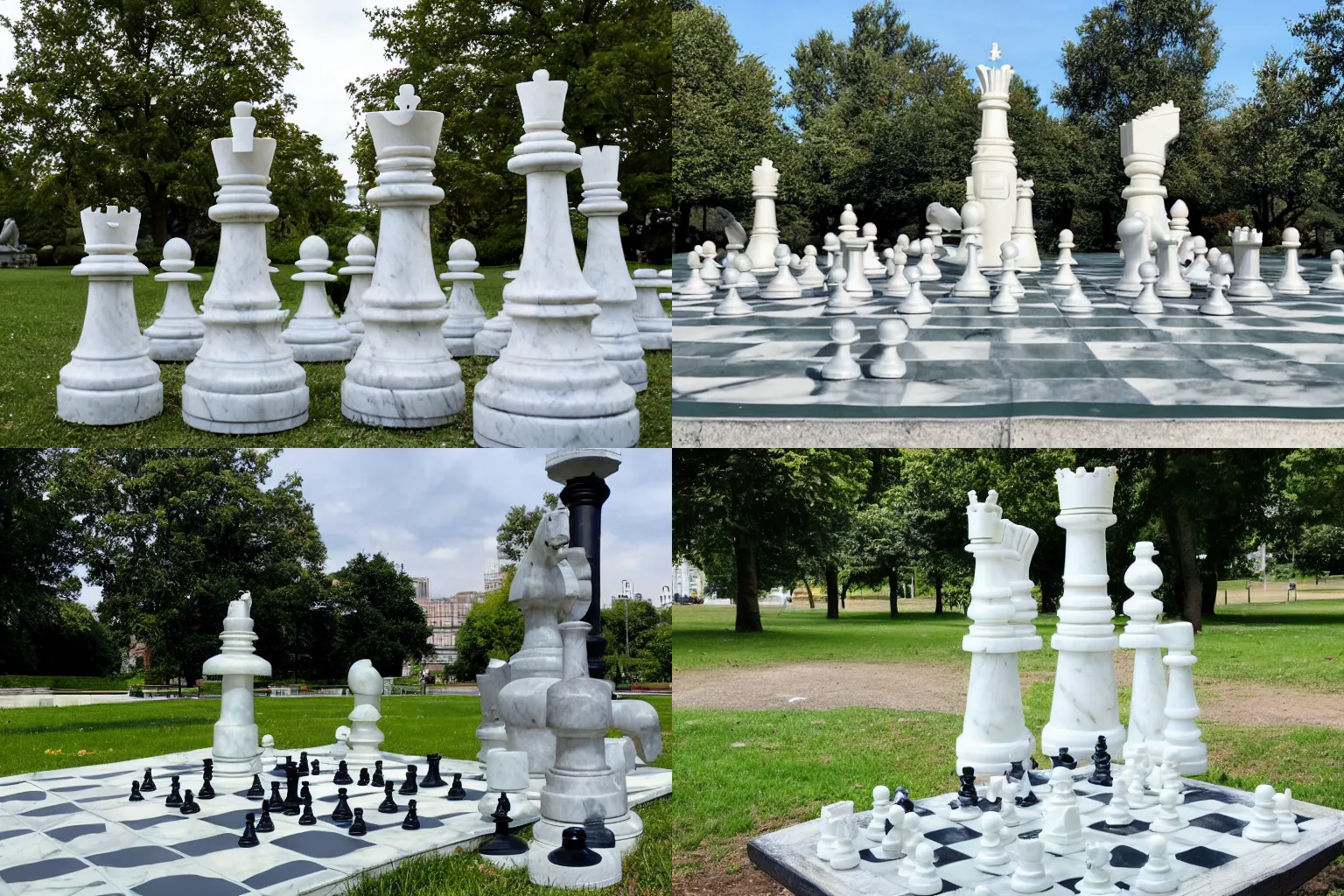 Prompt: marble statue on a giant chessboard in a city park