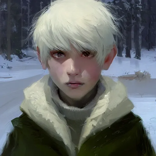 Prompt: a 14 year old teenage boy ghost with white hair and green eyes. White breath showing in the cold air. He is shivering from the cold. Kuvshinov ilya. Repin. By Craig Mullins