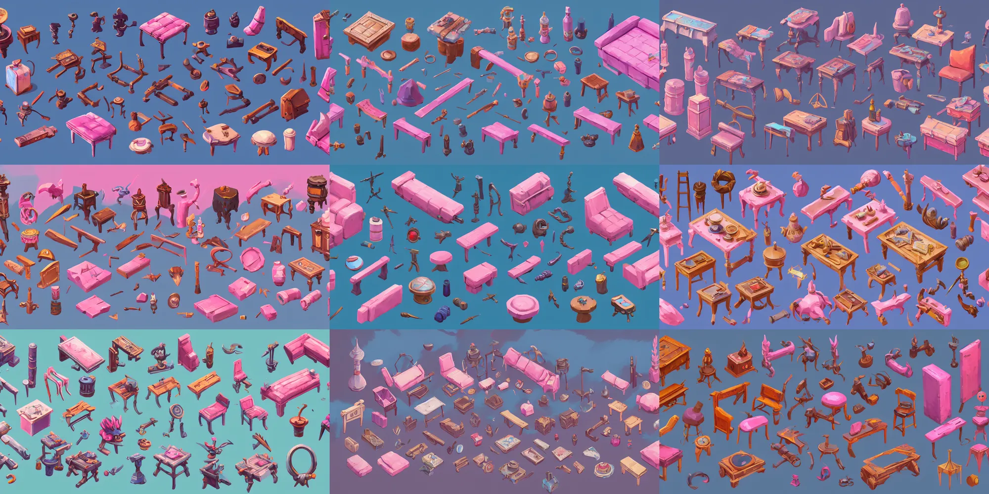 Prompt: game asset of wide range of random furniture and decoration, in gouache detailed paintings, props, stylized, 2 d sprites, kitbash, arcane, overwatch, blue and pink color scheme, 8 k, close up