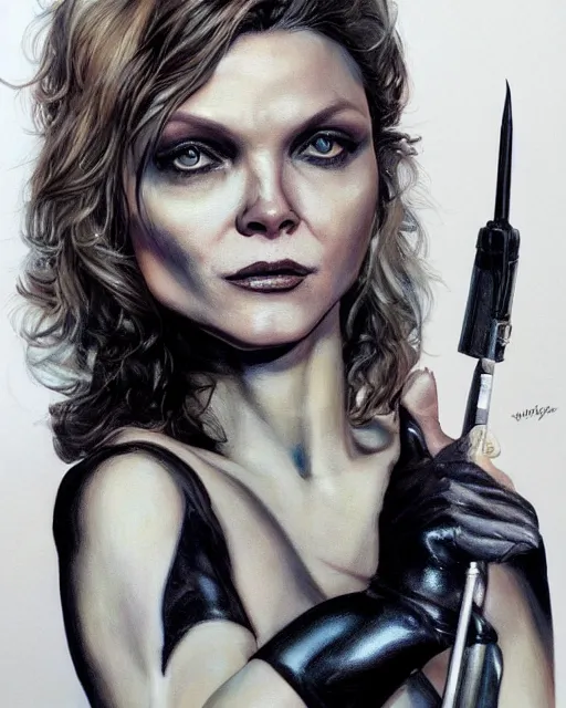 Image similar to full figure hyper realistic painting of young michelle pfeiffer as catwoman, hyper detailed, by clay mann, ayami kojima and greg rutkowski, trending on artstation, 3 light sources, rule of thirds, dutch angle